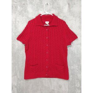 LL Bean Sweater Womens XL Red Cable Knit Cardigan Short Sleeve Cotton Fisherman